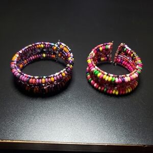 boho pink and purple beaded cuff bracelets lot of 2